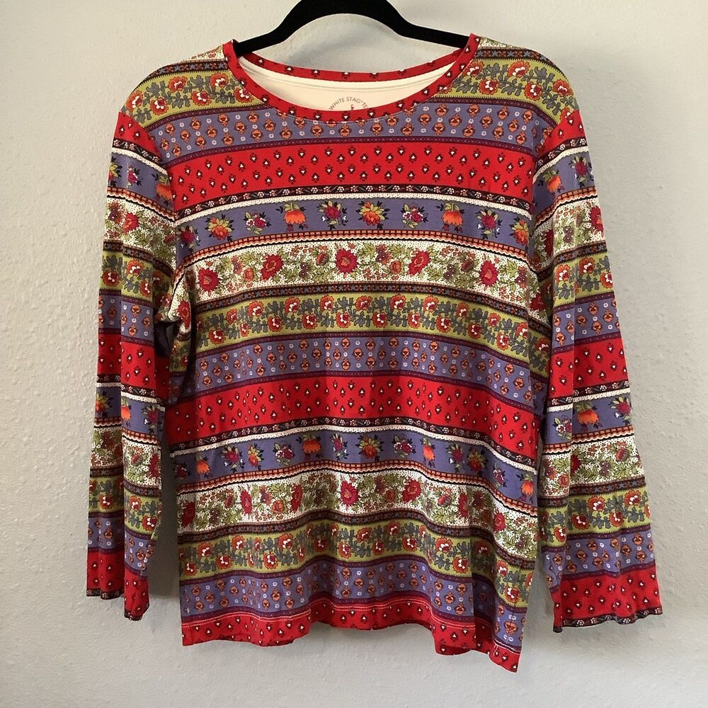 Multicolor Colorful Floral Stripe Prairie Bohemian 100% 3/4 Sleeve Tee L Spring